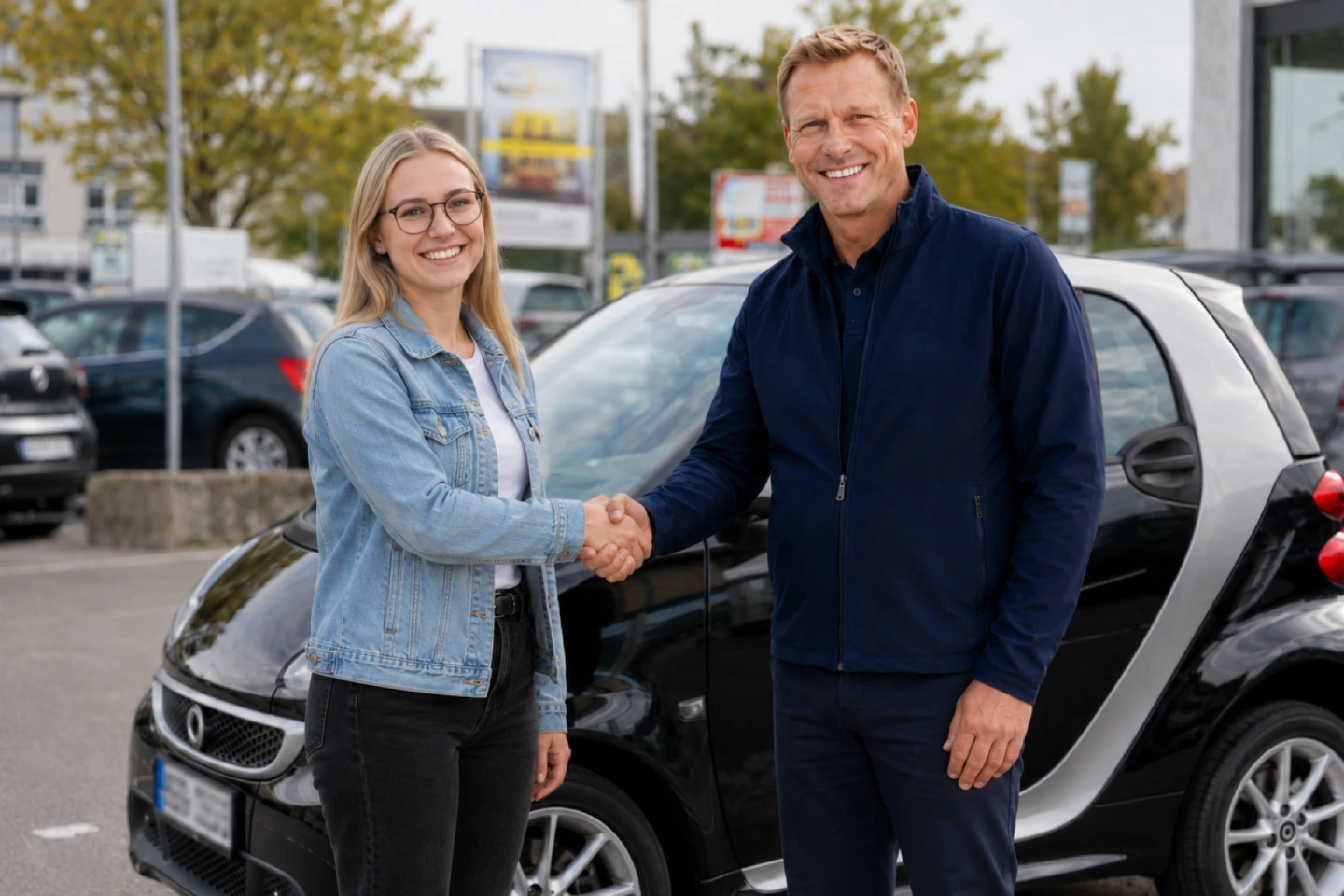 Handschlag zwischen Händler und Kunde vor schwarzem Smart am Autohaus